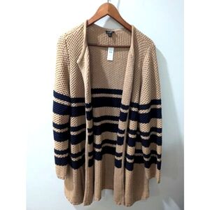 Talbots Beige Navy Stripe Open Front Cardigan Sweater NWT